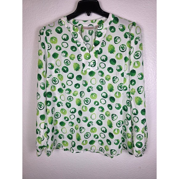 Belle by Kim Gravel Tops - Belle by Kim Gravel Green White Abstract Circle Print Split V-Neck Blouse M